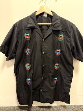 Black Button-Up Shirt with Embroidered Colorful Sugar Skulls